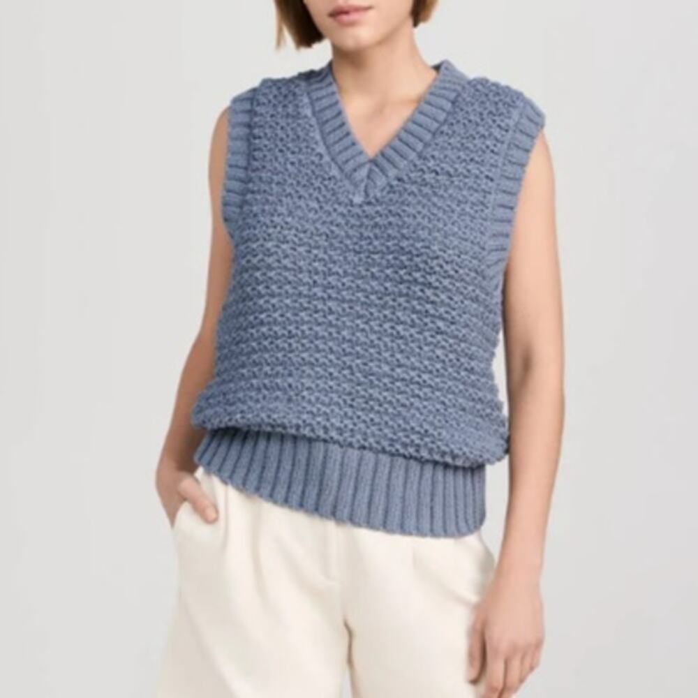 Varley Adie Knit Vest M Slate Blue Chunky Cable Knit V-Neck Crochet Sweater Tank